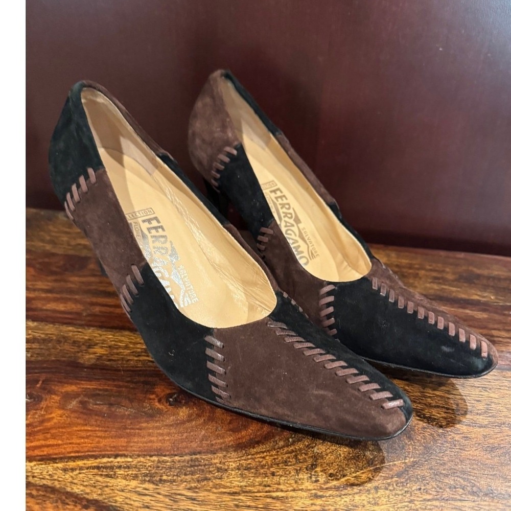 Salvatore Ferragamo Womens Brown Black Suede Pumps SZ 6 Heels Whipstitch Luxury